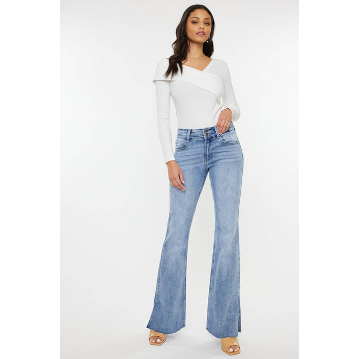 MID-RISE FLARE JEANS BELT LOOPS ZIP-FLY RAW HEM DOUBLE WAIST BAND