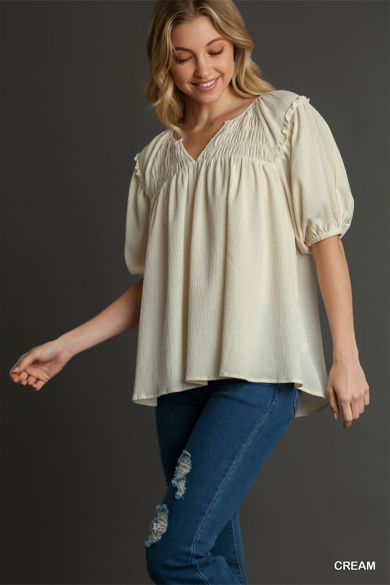 UMGEE Modal Pleated Split Neck Ruffle Detail Boxy Cut Top with Puff Sleeves