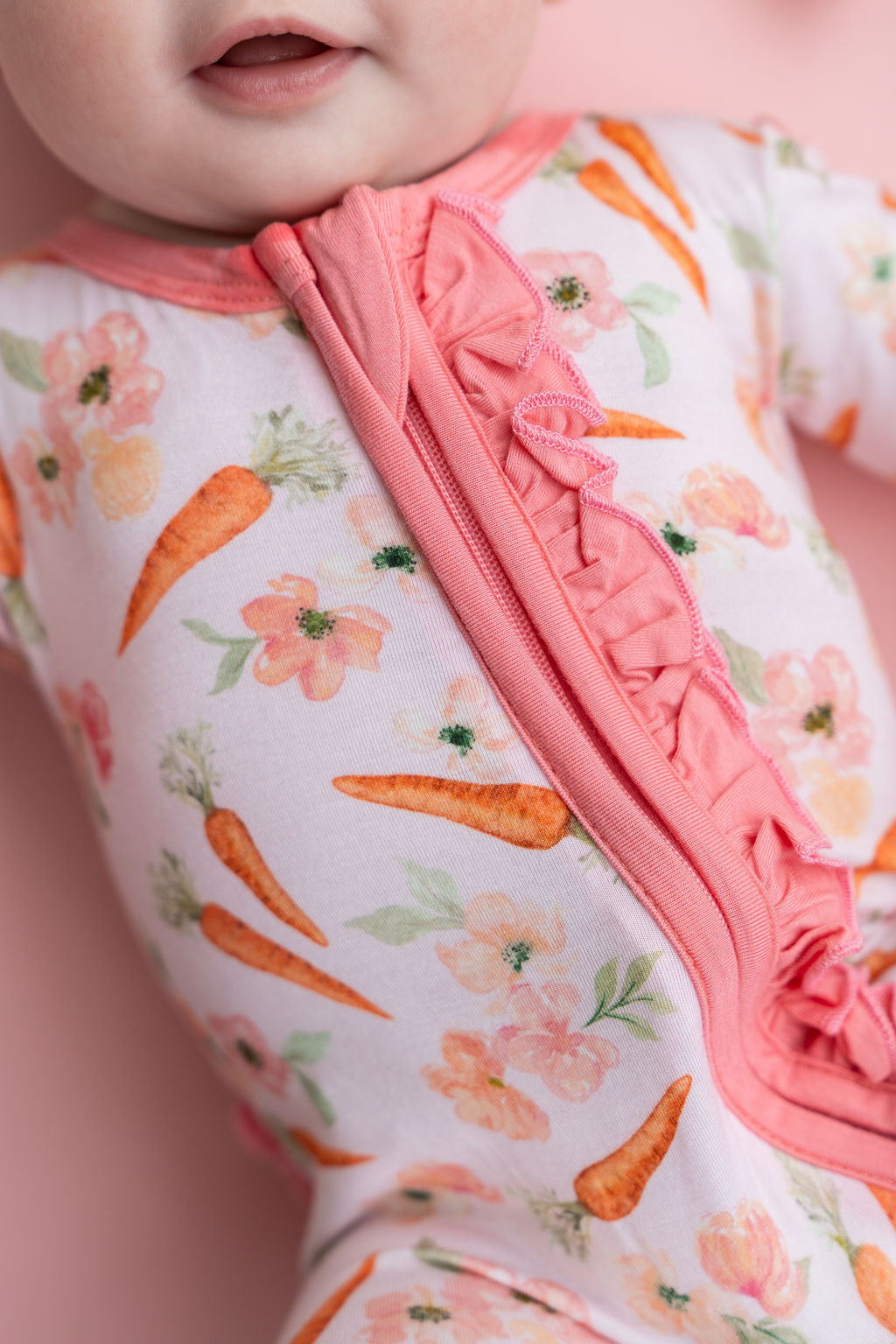 Lillian's Pink Easter Carrots Bamboo Ruffle Convertible Footie