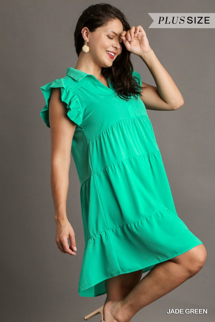 UMGEE Tiered Short Dress with Flutter Sleeves & Collar No Lining