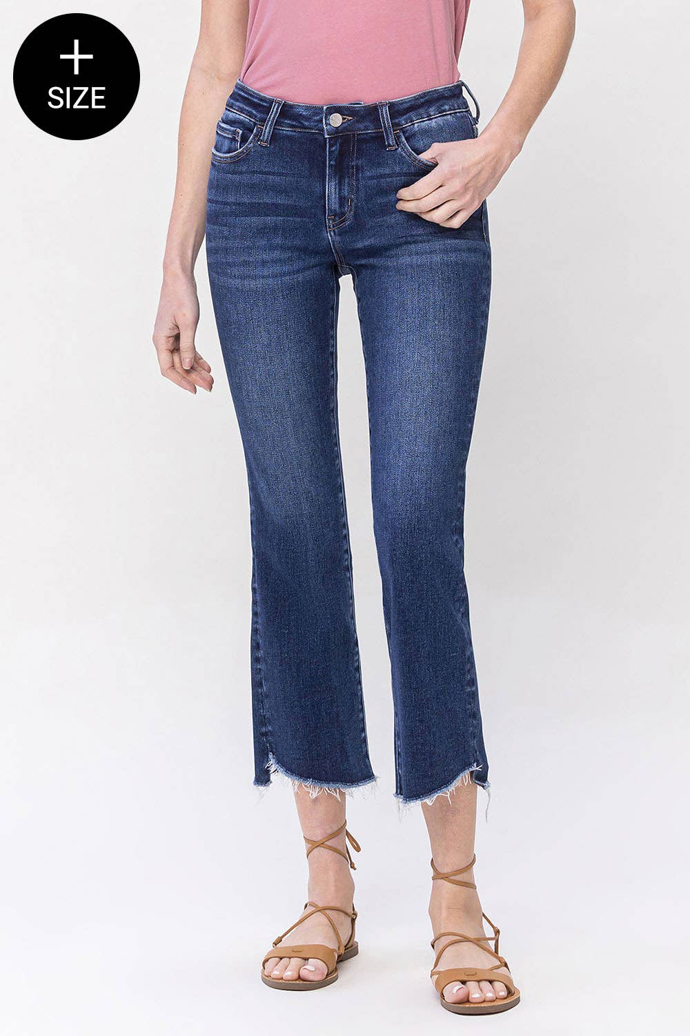 PLUS SIZE MID RISE RAW STEP HEM CROP FLARE JEANS