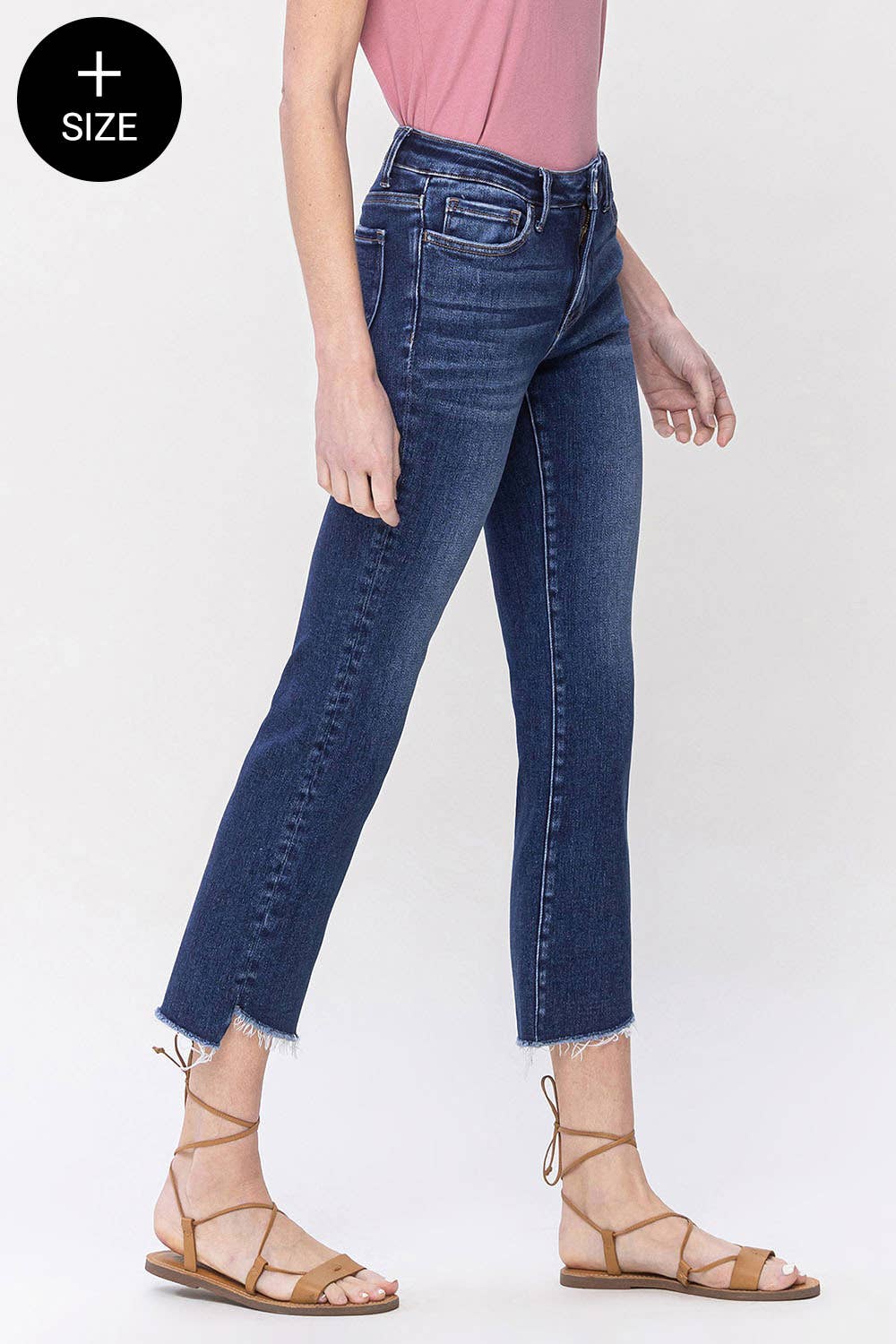 PLUS SIZE MID RISE RAW STEP HEM CROP FLARE JEANS