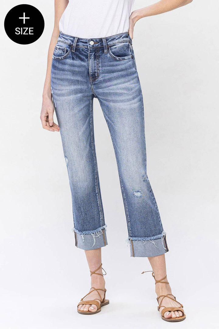 PLUS SIZE HIGH RISE CUFFED STRAIGHT JEANS