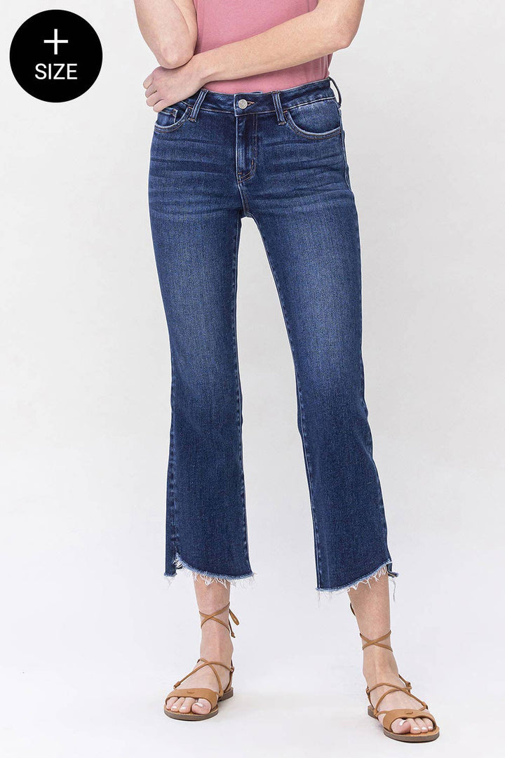 PLUS SIZE MID RISE RAW STEP HEM CROP FLARE JEANS