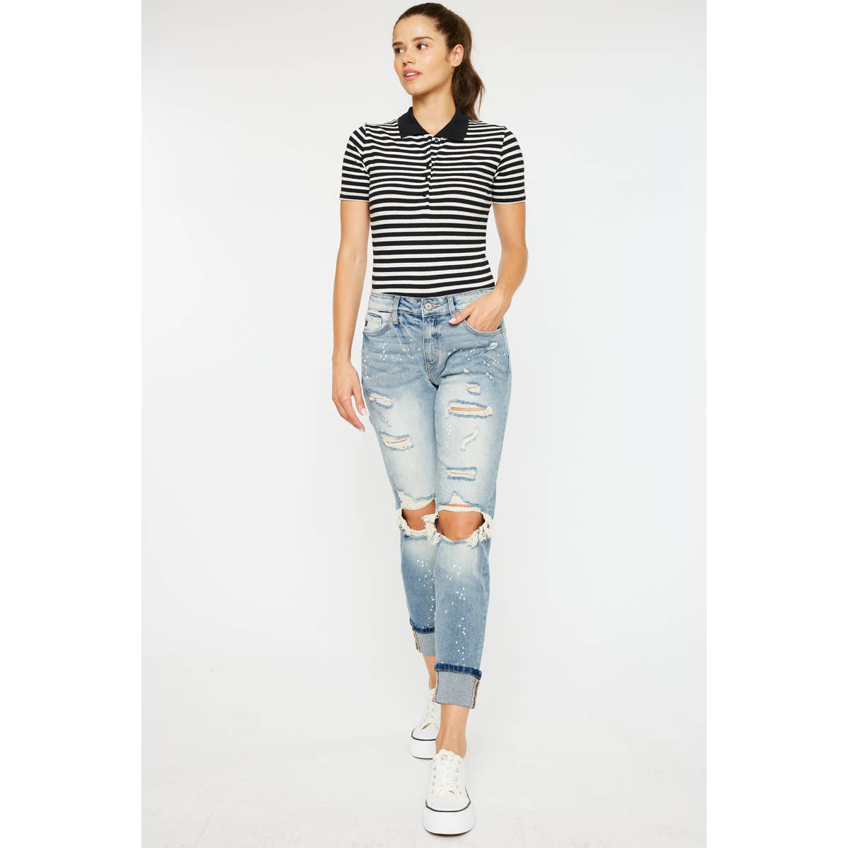 HIGH RISE BOYFRIEND JEANS LIGHT STONE WASH COMFORT STRETCH