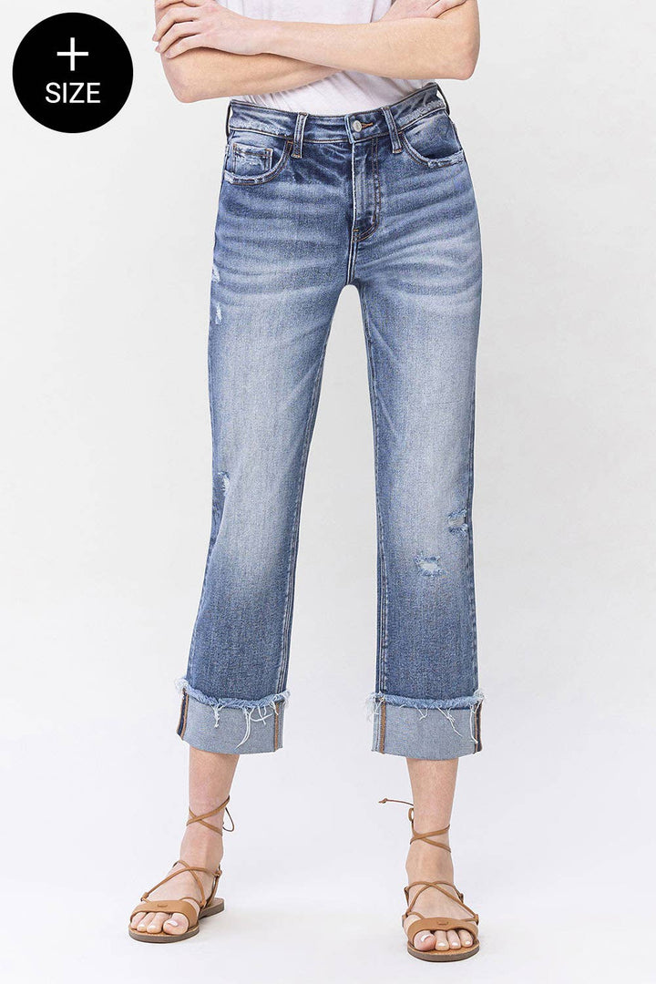 PLUS SIZE HIGH RISE CUFFED STRAIGHT JEANS