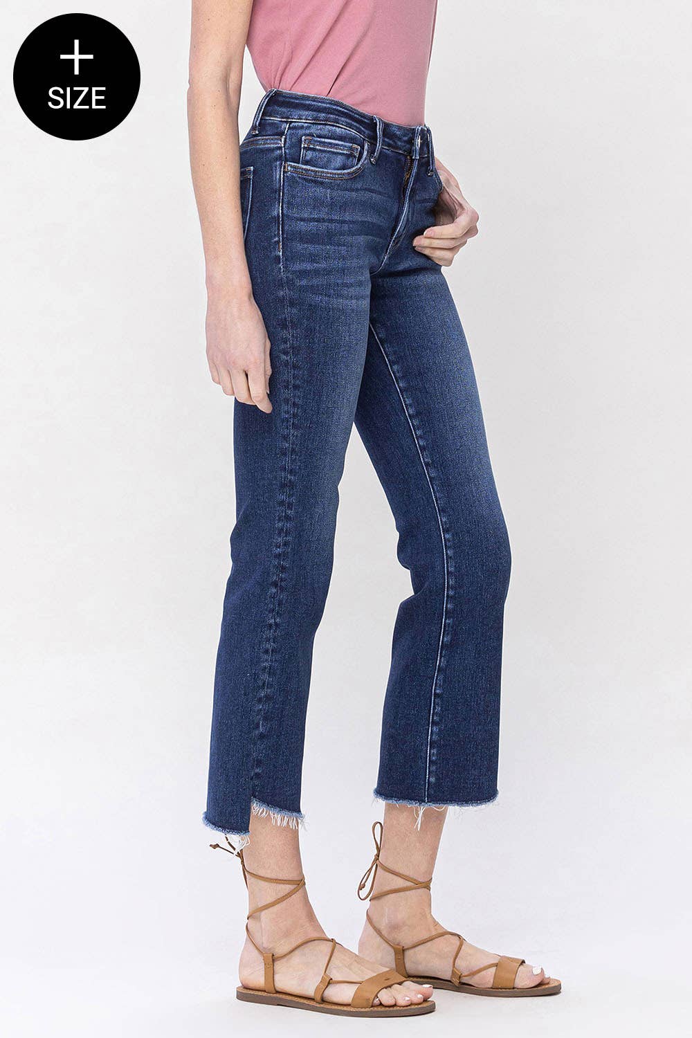 PLUS SIZE MID RISE RAW STEP HEM CROP FLARE JEANS