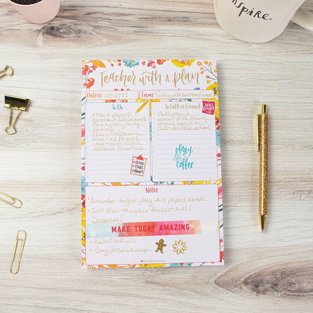 6x9 Teacher To-Do List Planning Pad, Happy Blooms Design