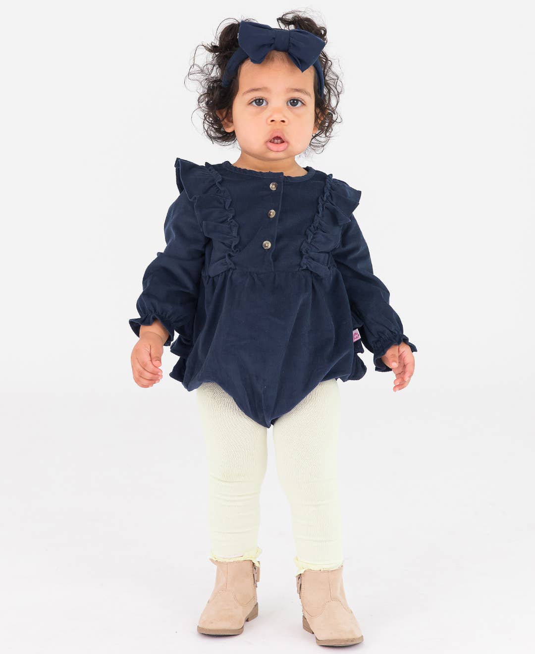 Baby Girls Dark Navy Stretch Corduroy Waterfall Long Sleeve Bubble Romper