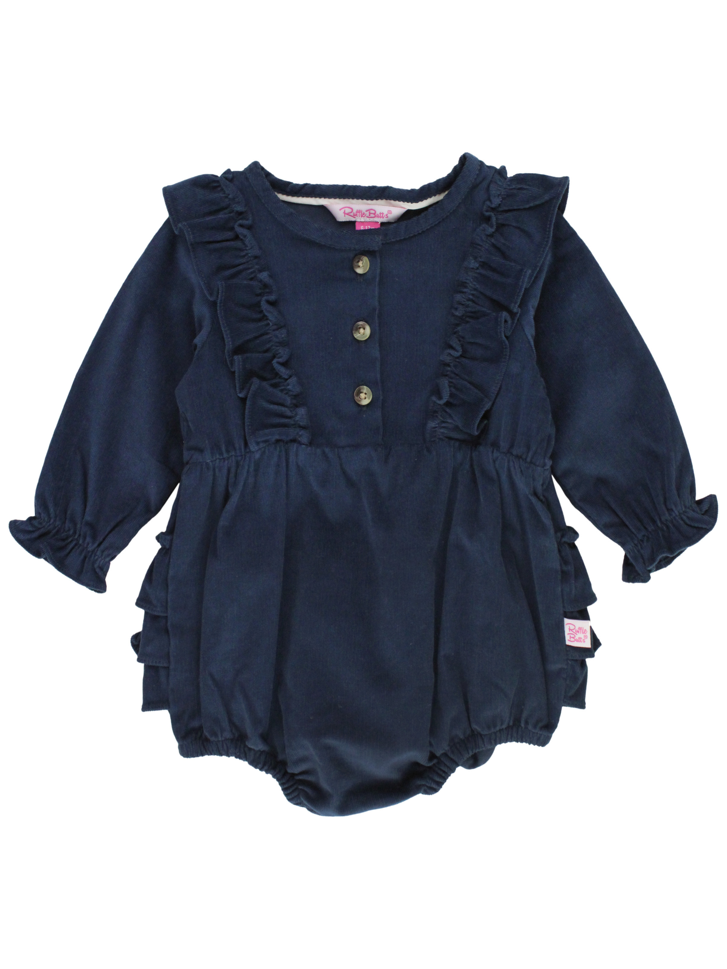 Baby Girls Dark Navy Stretch Corduroy Waterfall Long Sleeve Bubble Romper