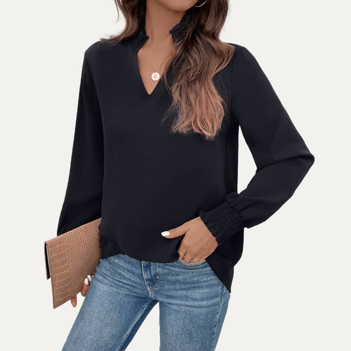 Working Out Black V-Neck Long Sleeve High-Low Top