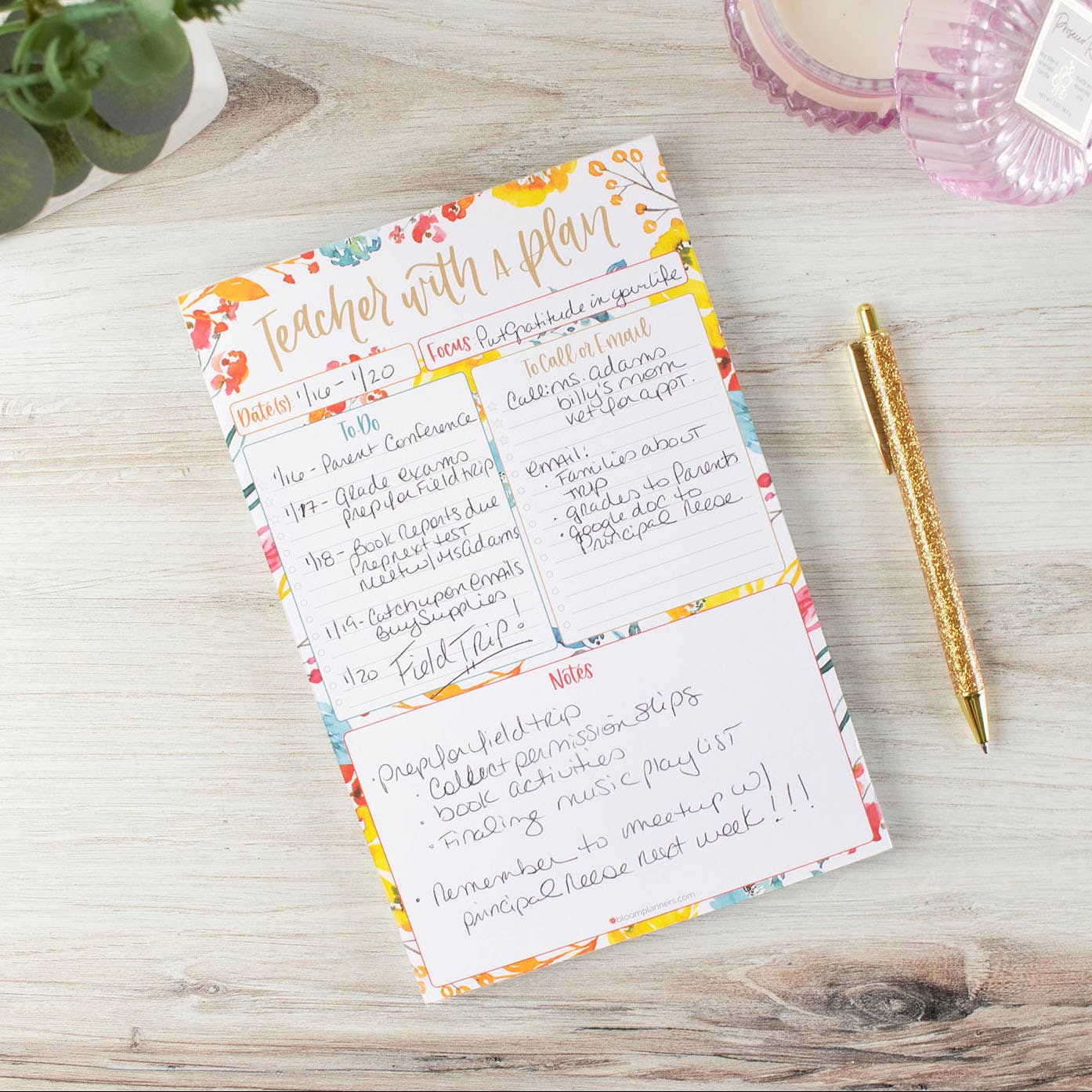 6x9 Teacher To-Do List Planning Pad, Happy Blooms Design