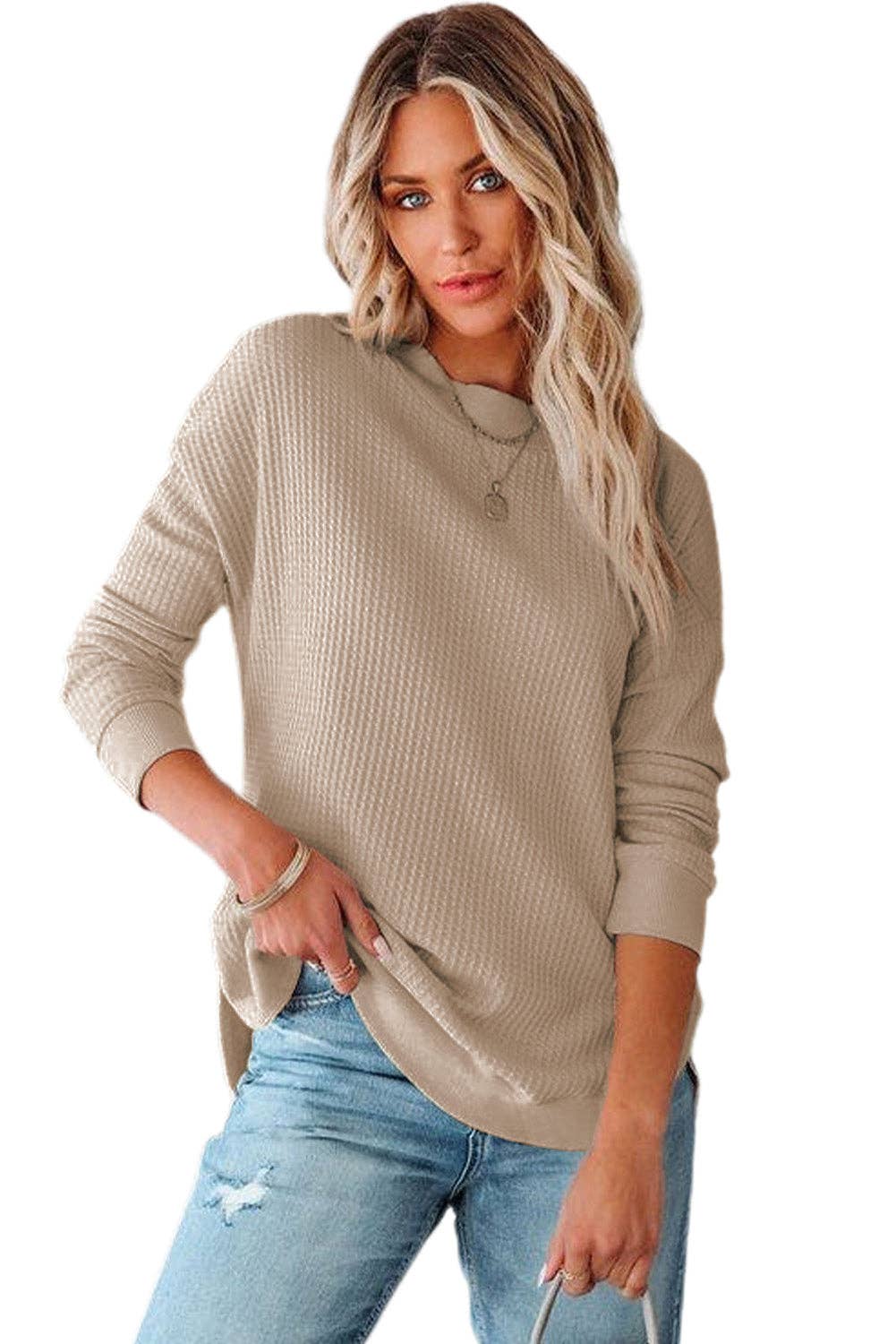 Apricot Crew Neck Ribbed Trim Waffle Knit Top