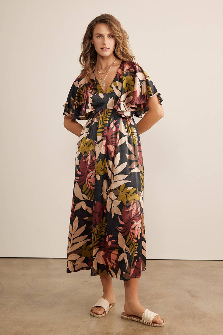 TROPICAL PRINT FLUTTER SLEEVES SATIN MIDI DRESS