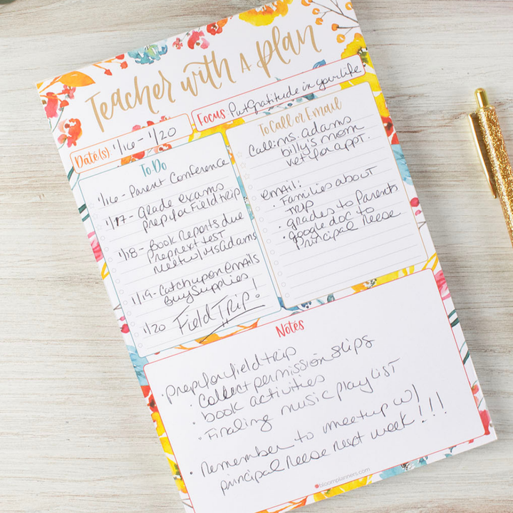 6x9 Teacher To-Do List Planning Pad, Happy Blooms Design