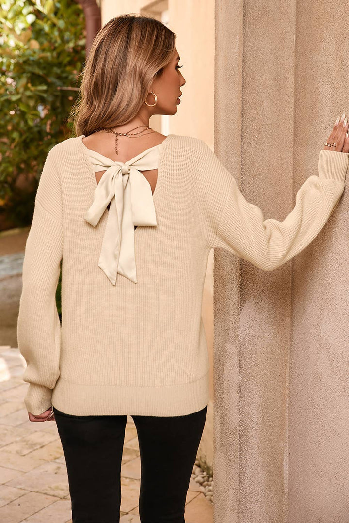 Lantern Sleeve V Neck Knot Back Sweater