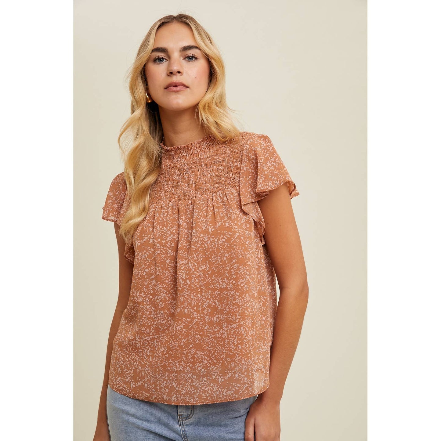 FLORAL SMOCKED MOCK NECK BLOUSE