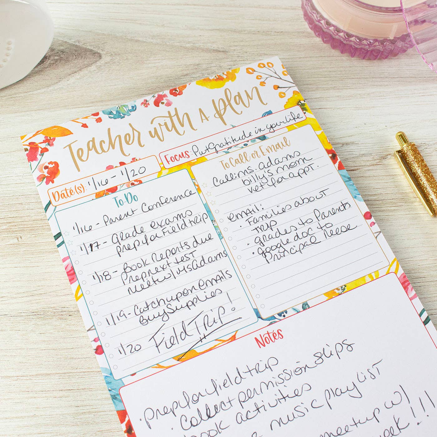 6x9 Teacher To-Do List Planning Pad, Happy Blooms Design