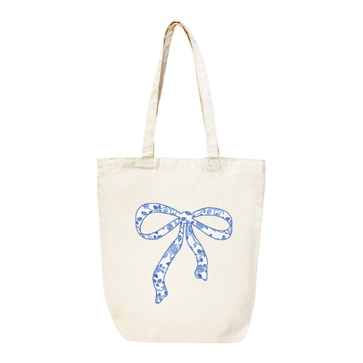 Blue Floral Bow Large Canvas Tote