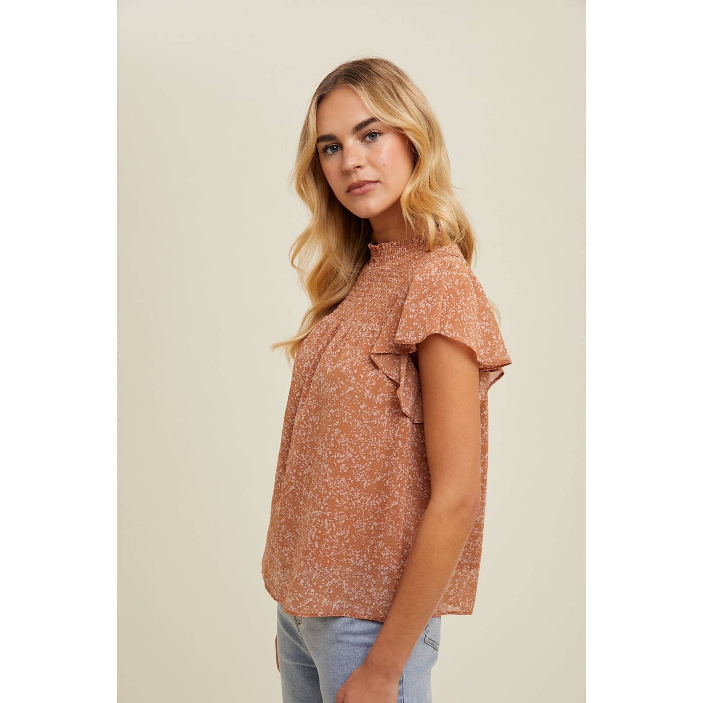 FLORAL SMOCKED MOCK NECK BLOUSE