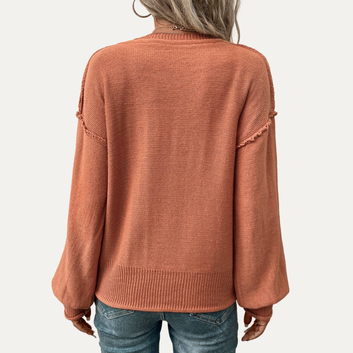 Casual Dark Salmon V-Neck Long Sleeve Knit Sweater