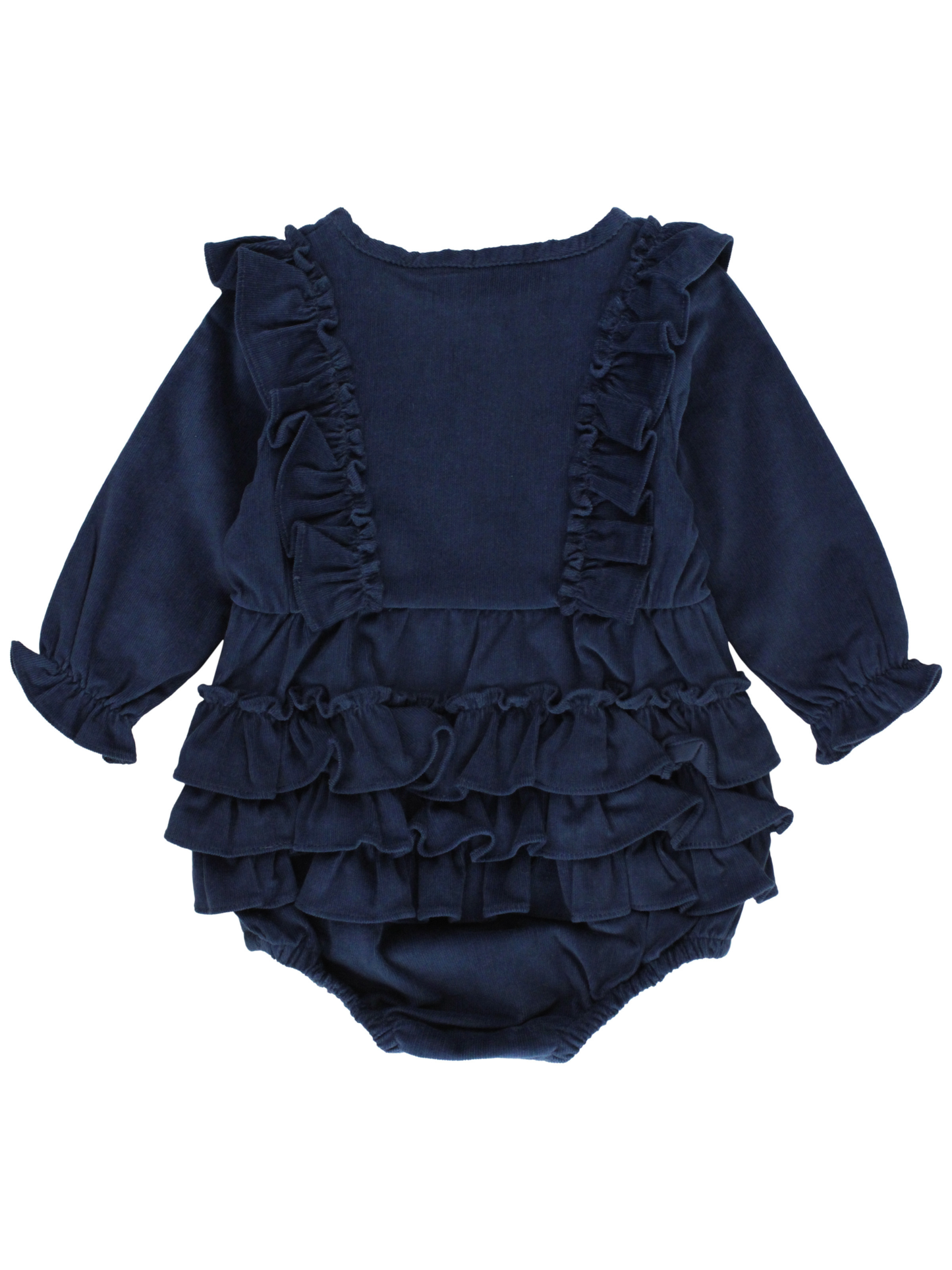 Baby Girls Dark Navy Stretch Corduroy Waterfall Long Sleeve Bubble Romper