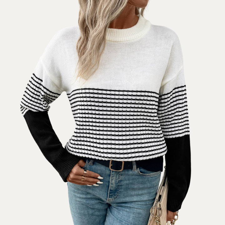 Casual and Basic Black Striped Round Neck Knit Top