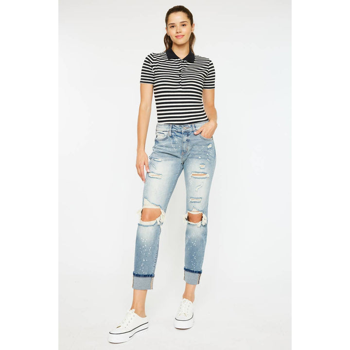 HIGH RISE BOYFRIEND JEANS LIGHT STONE WASH COMFORT STRETCH