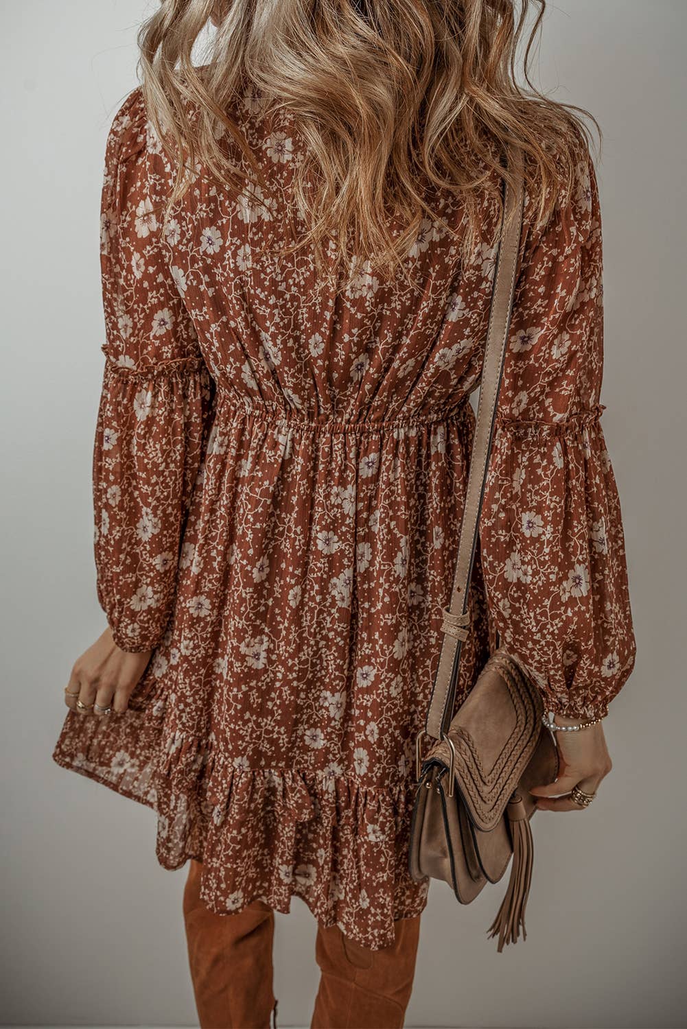 Boho Floral Ruffled Puff Sleeve V Neck Mini Dress