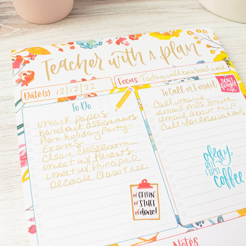 6x9 Teacher To-Do List Planning Pad, Happy Blooms Design