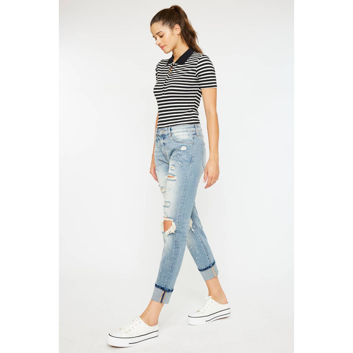 HIGH RISE BOYFRIEND JEANS LIGHT STONE WASH COMFORT STRETCH