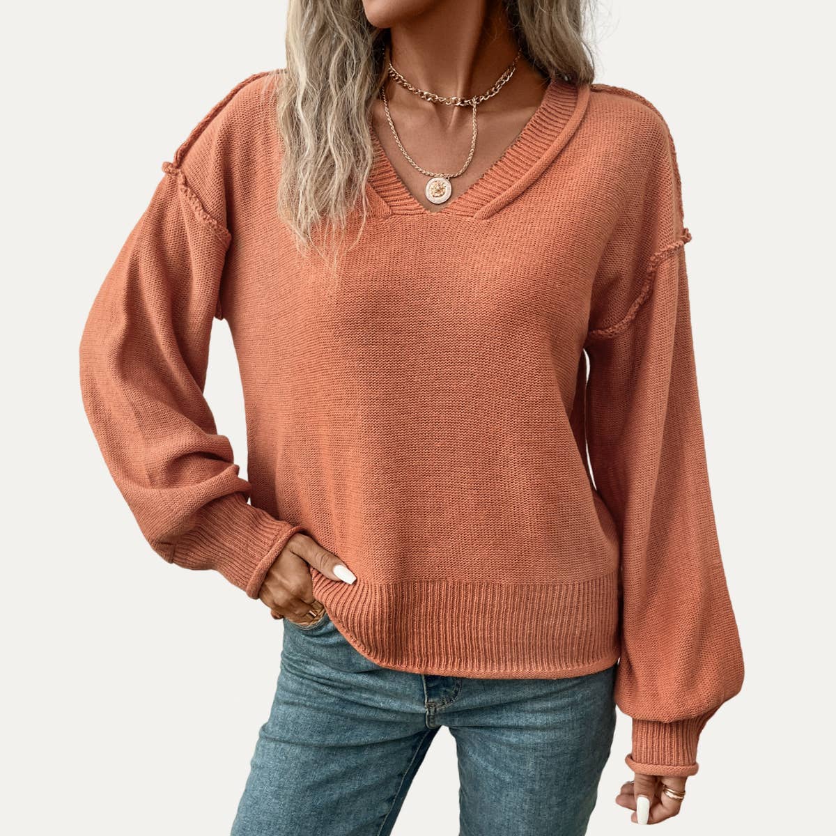 Casual Dark Salmon V-Neck Long Sleeve Knit Sweater