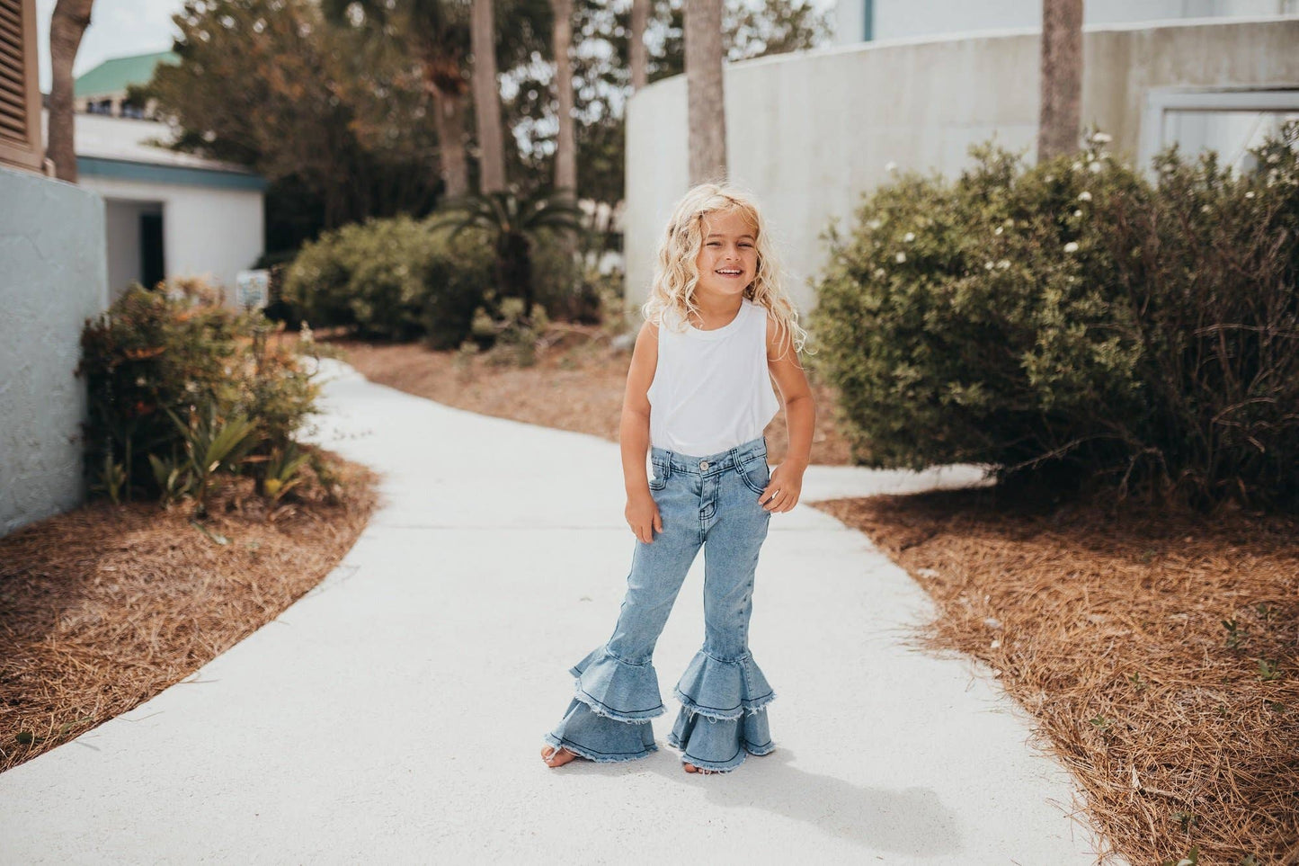 Kids Light Wash Denim Double Ruffle Jeans Pants