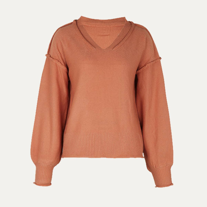 Casual Dark Salmon V-Neck Long Sleeve Knit Sweater