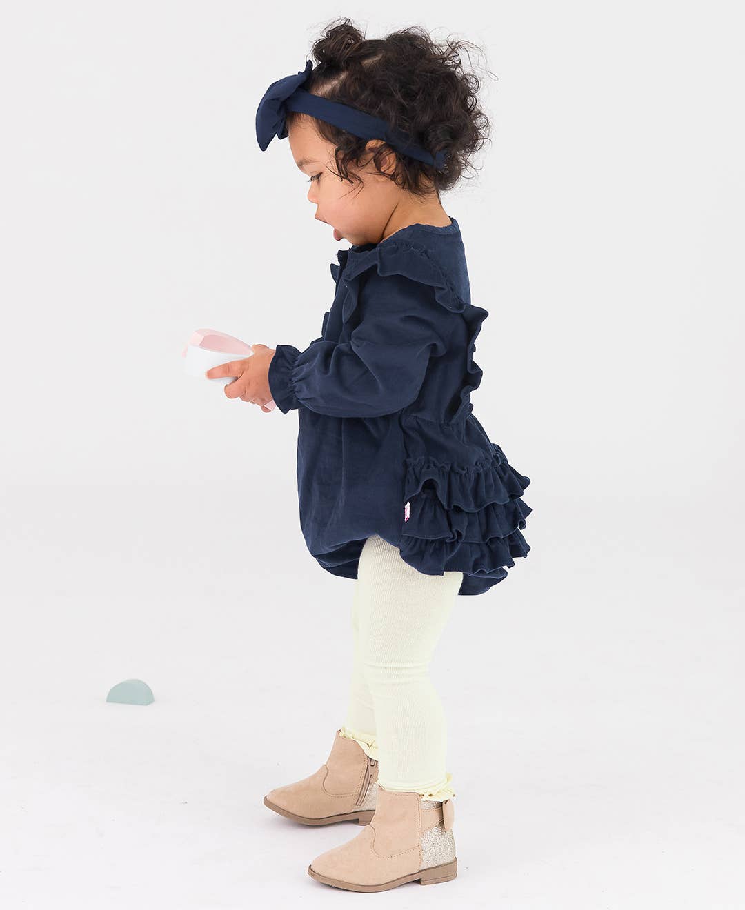 Baby Girls Dark Navy Stretch Corduroy Waterfall Long Sleeve Bubble Romper