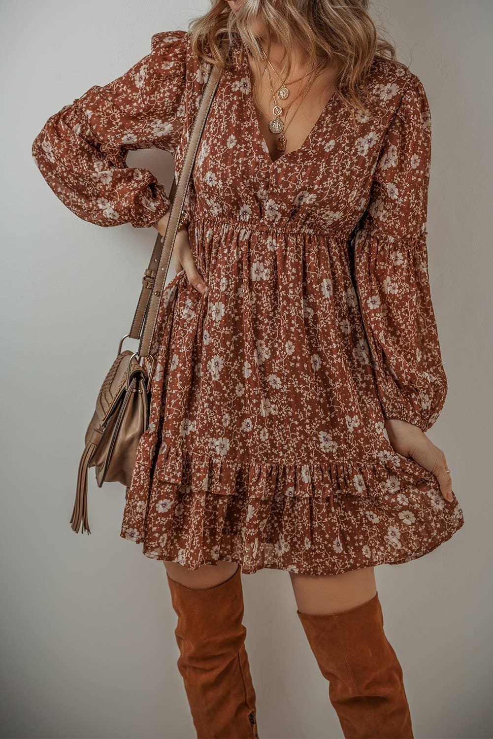 Boho Floral Ruffled Puff Sleeve V Neck Mini Dress