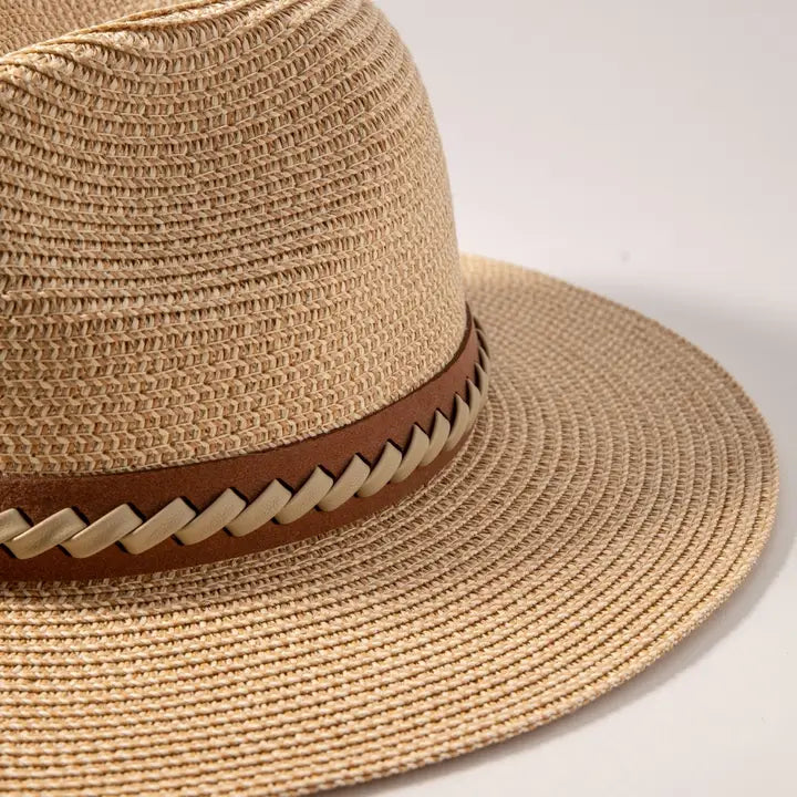 Leather Strap Straw Fedora Hat