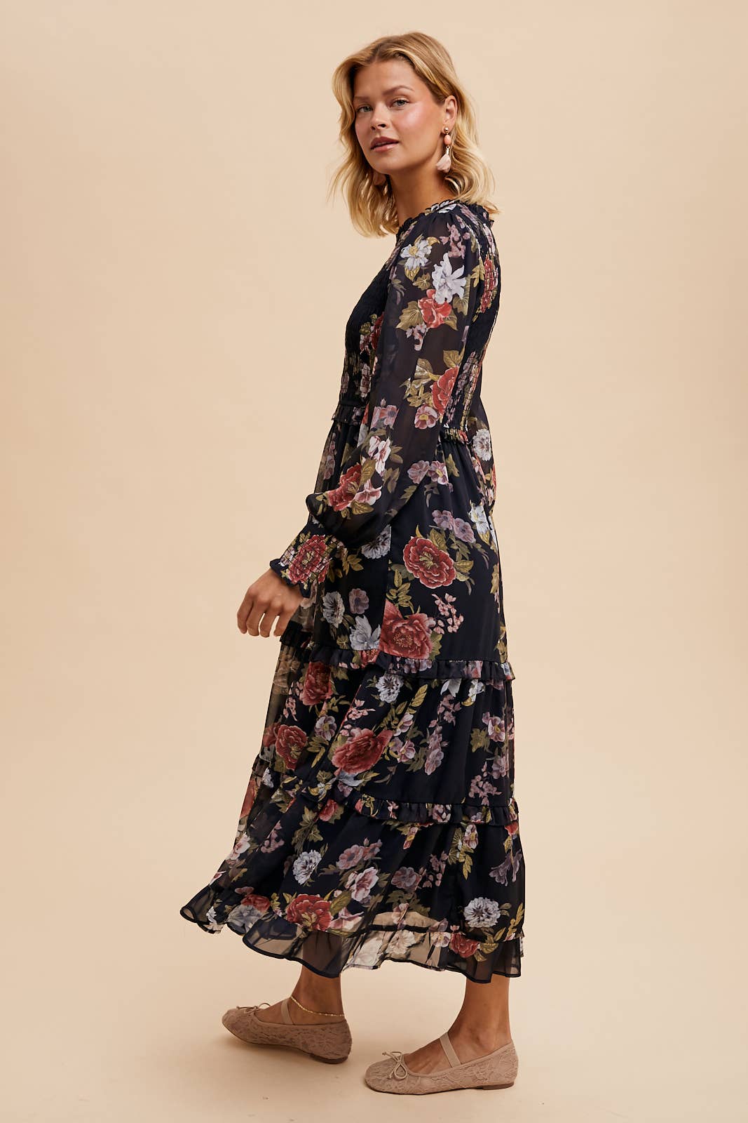 SMOCKED LONG SLEEVE FLORAL DRESS