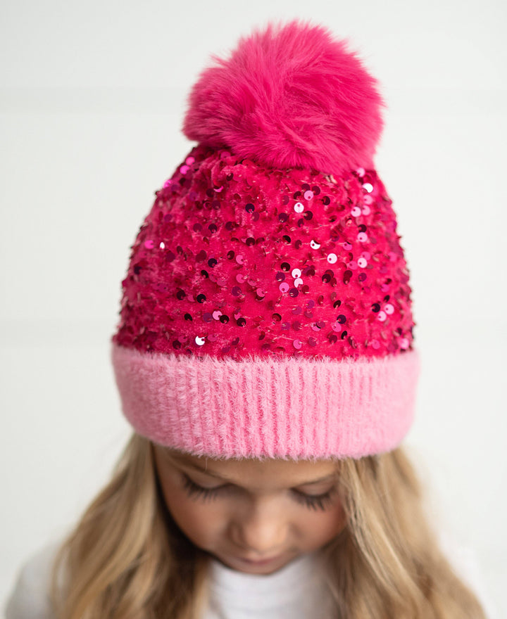 Kids Bright Pink Sequin Large Pom Beanie Winter Hat