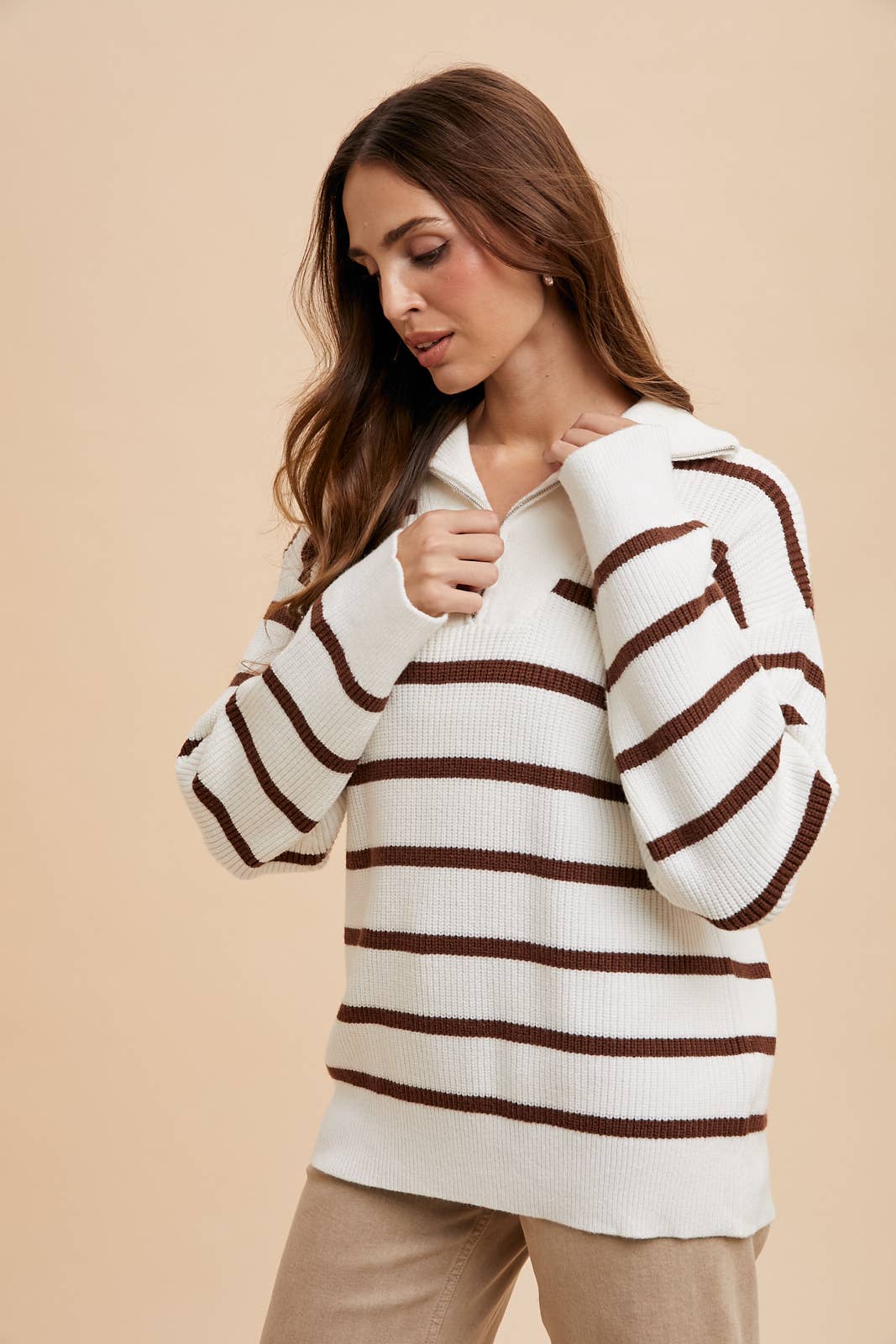 STRIPED HALF ZIP KNITTED PULLOVER