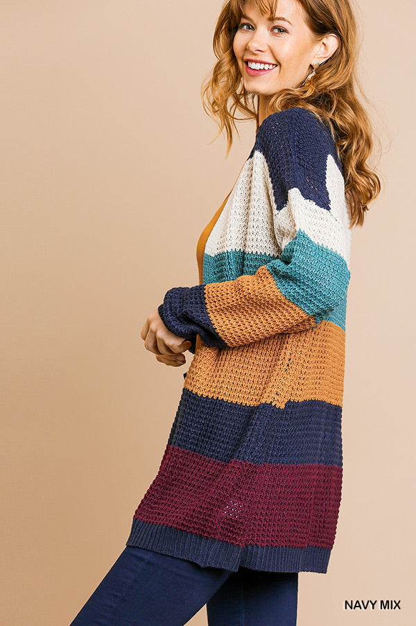 UMGEE Multicolored Striped Long Sleeve Knit Open Front Sweater Cardigan