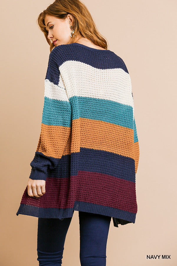 UMGEE Multicolored Striped Long Sleeve Knit Open Front Sweater Cardigan