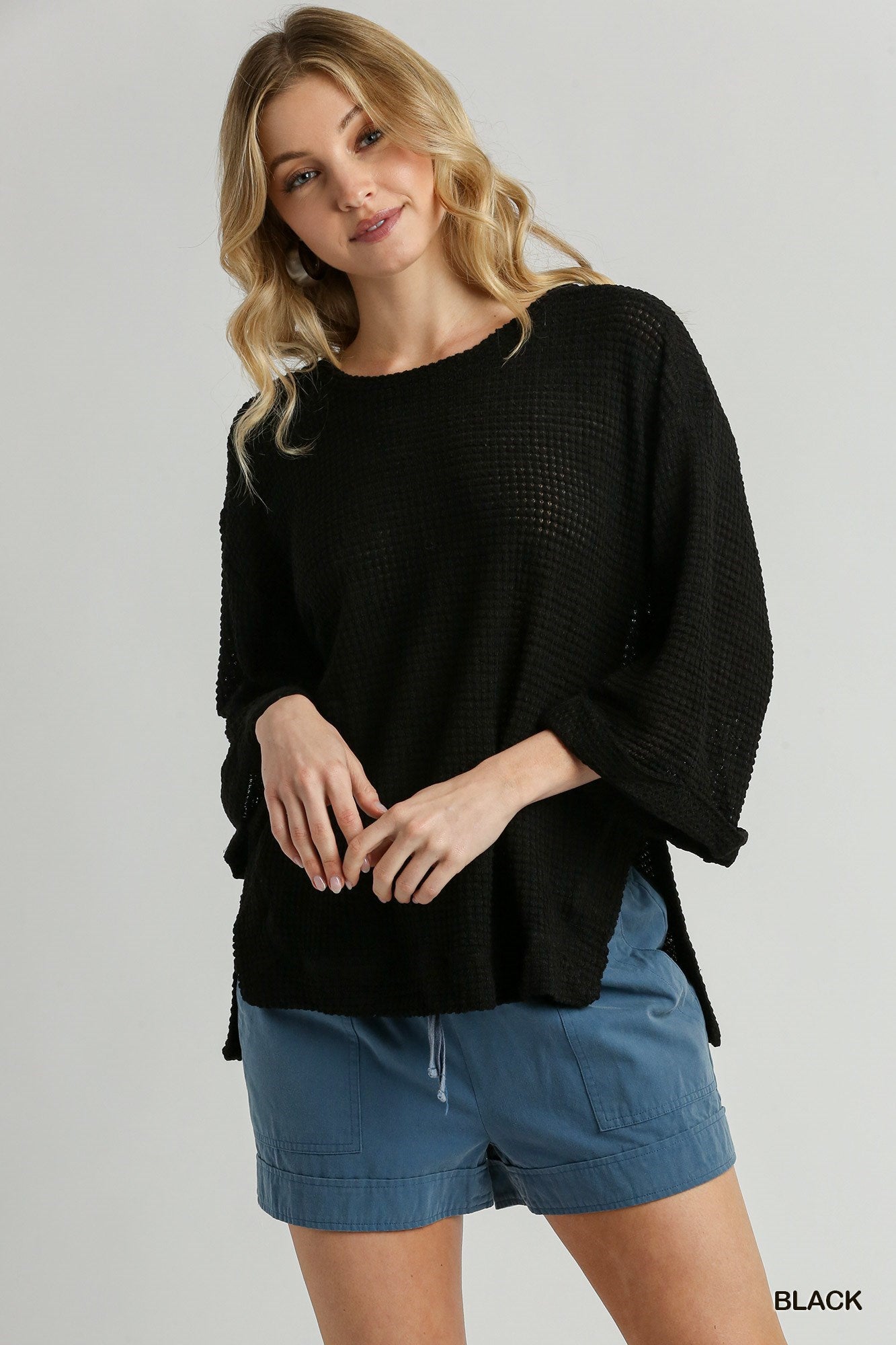 UMGEE Waffle Knit 3/4 Rolled Sleeve Round Neck Top with High Low