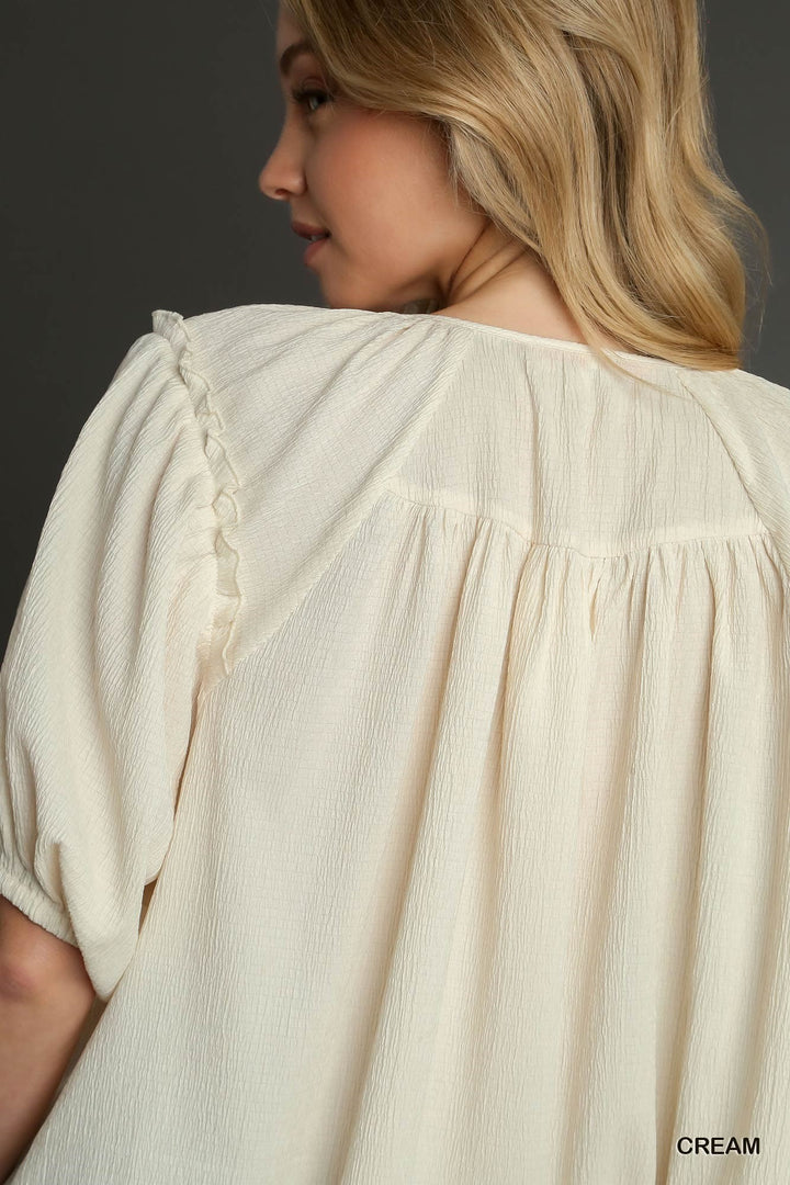 UMGEE Modal Pleated Split Neck Ruffle Detail Boxy Cut Top with Puff Sleeves