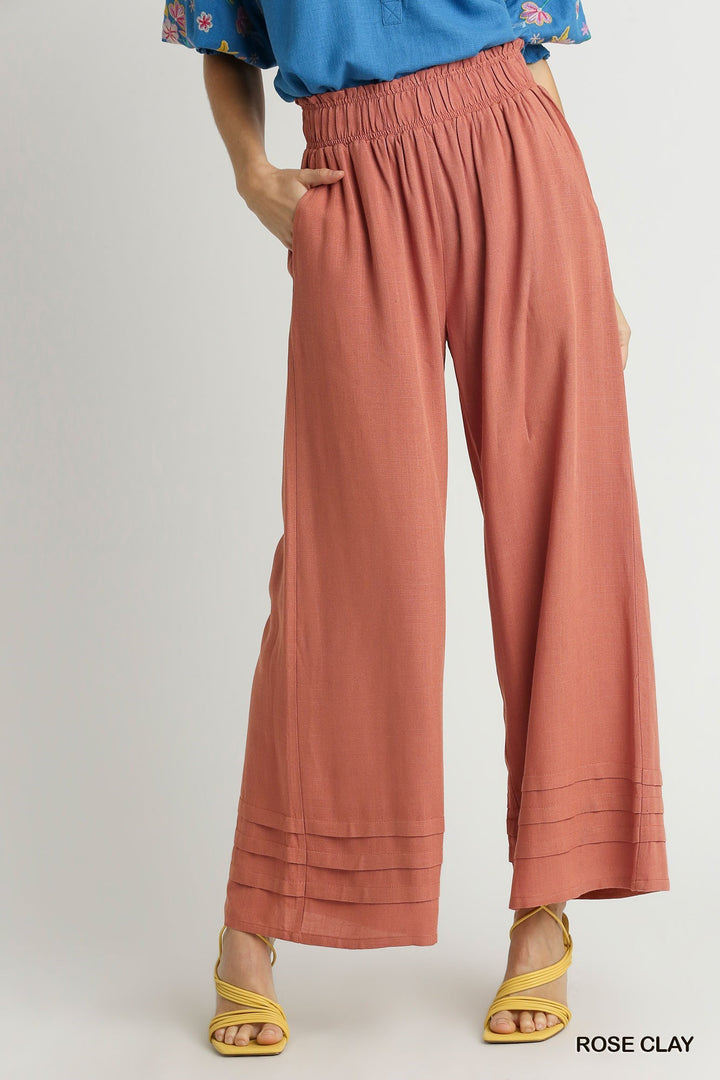 UMGEE Elastic Waistband Wide Leg Pants with Pin-Tuck & Side Pocket Details