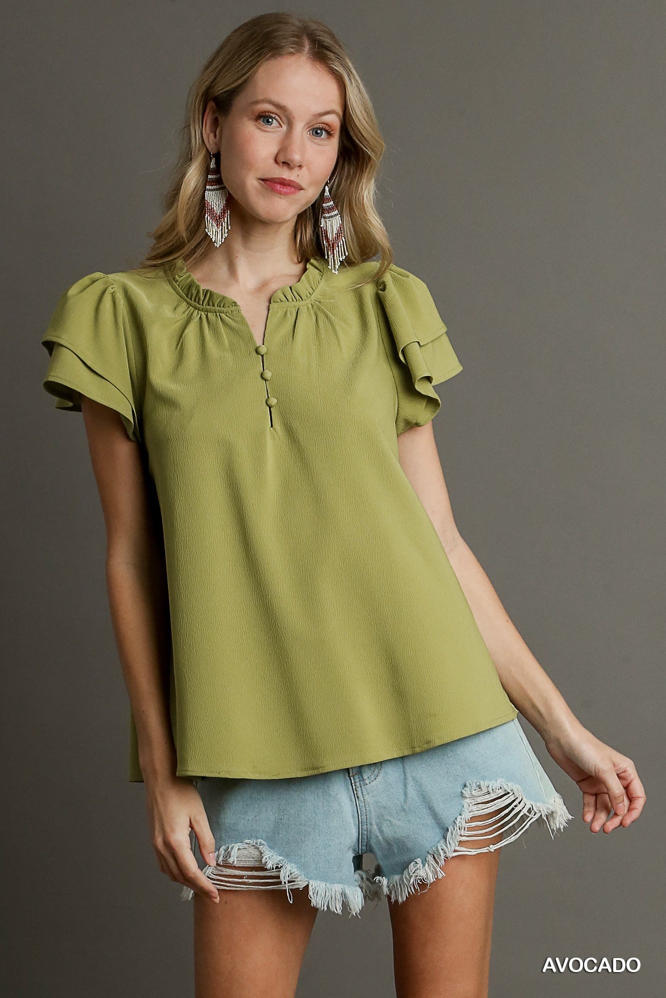 UMGEE Boxy Cut Faux Button Ruffle Neckline Top with Short Layered Sleeves