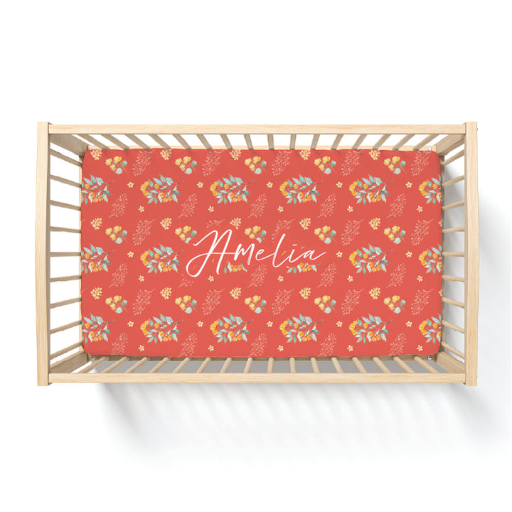Coral Floral Personalized Crib Sheet