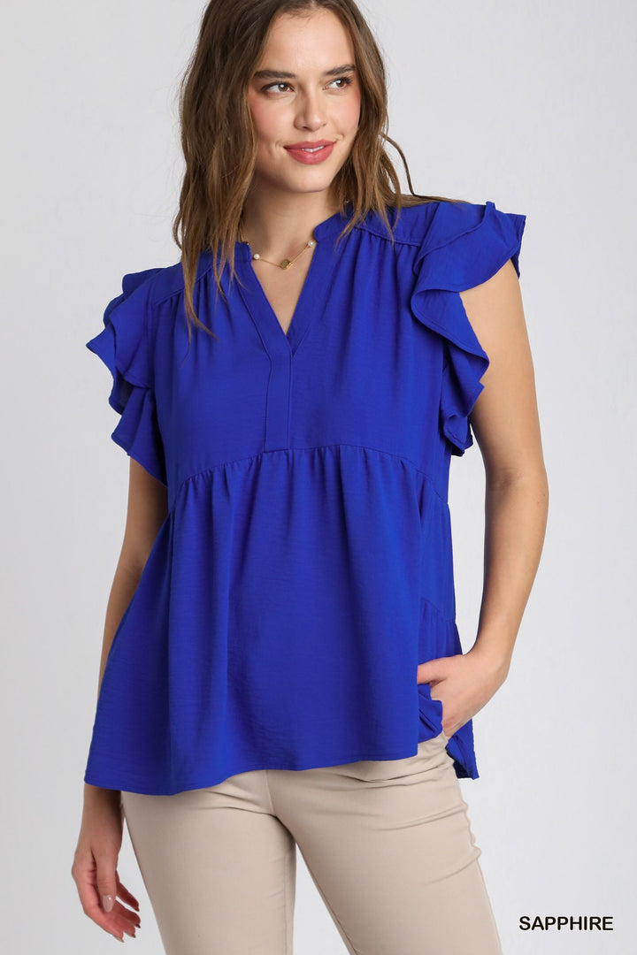 UMGEE Baby Doll Split Neck Short Ruffle Sleeves Top with Piping Details