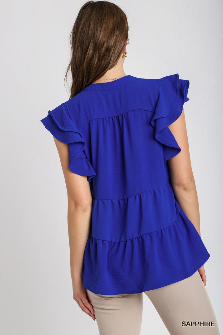 UMGEE Baby Doll Split Neck Short Ruffle Sleeves Top with Piping Details