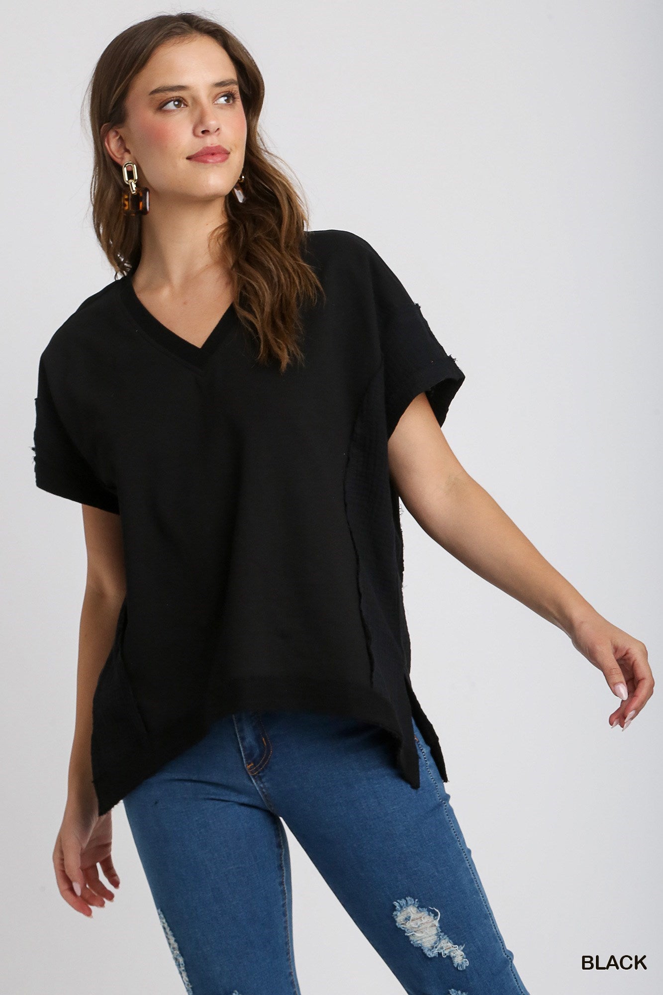 UMGEE French Terry Boxy Cut V-Neck Top with Side Slits
